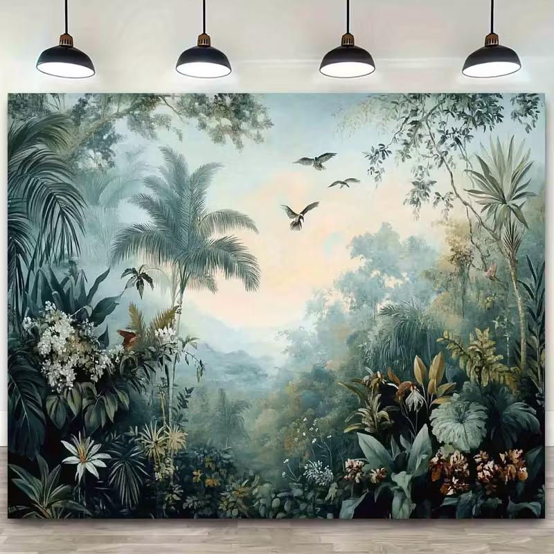2D Vintage Style Exotic Rainforest with Flowers and Birds Background