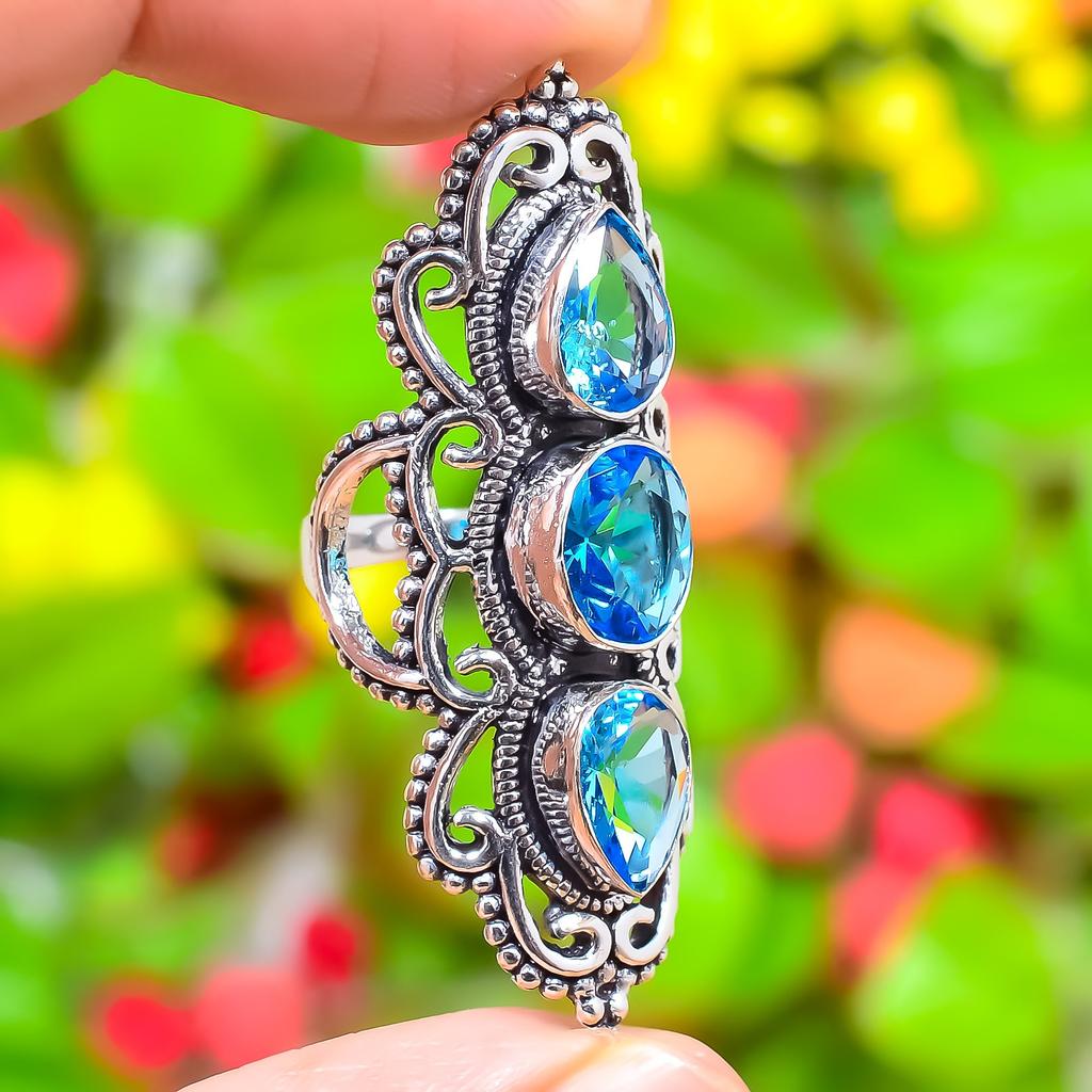 Swiss Blue Topaz Gemstone Handmade 925 Sterling Silver Gift Ring Size 5.5 H1j44