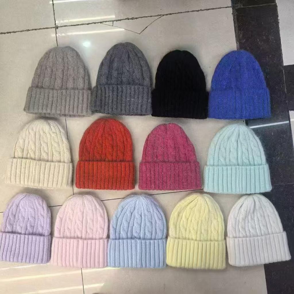 New rabbit fur knitted hat women's solid color twist wool hat winter outdoor warm single-layer ear protection pullover hat