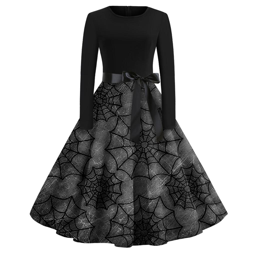 Women's Fashion Round Neck Casual Slim Fit Halloween Printed Long Sleeve Dress