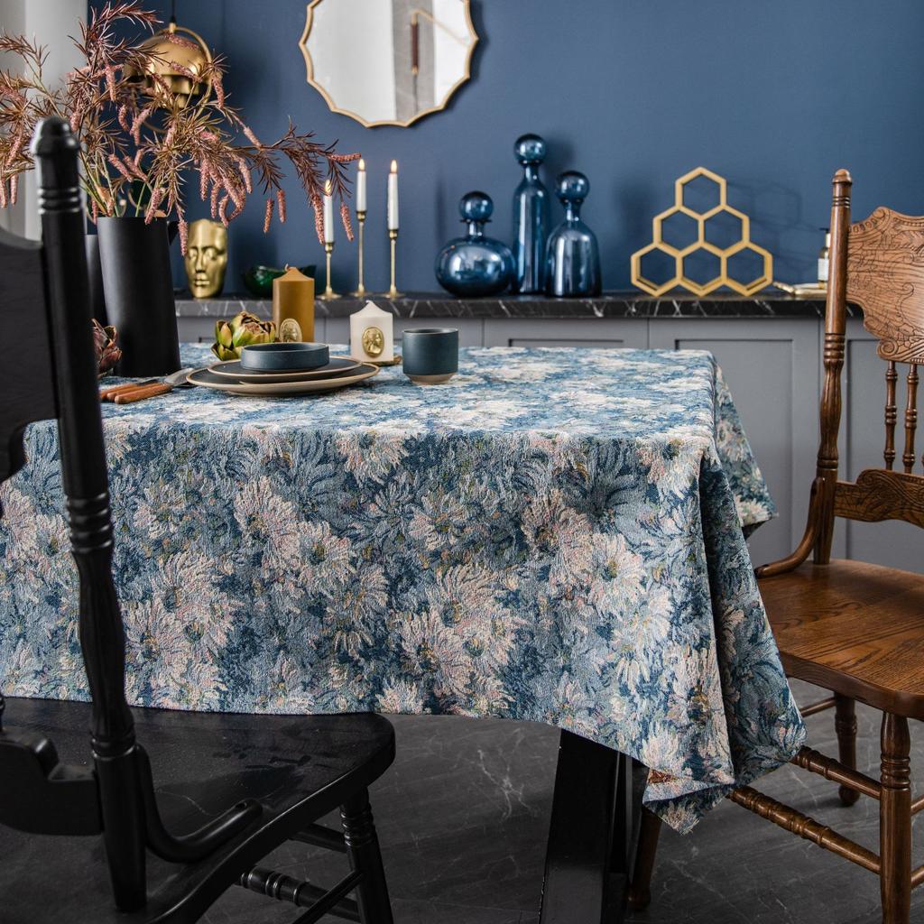American Table Cloth Colorful Jacquard Table Cloth Oil Painting Thick Lace Table Cloth Blue Flower Home Decoration