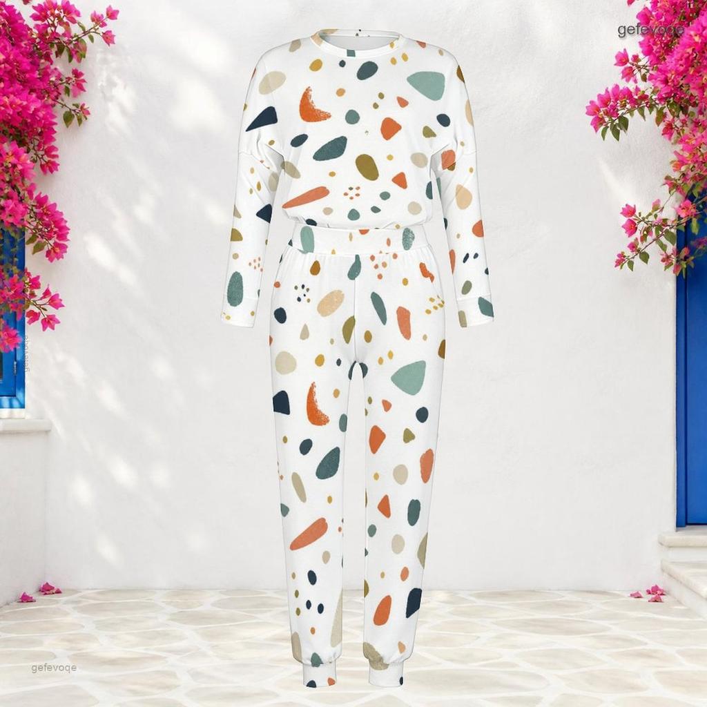 Women Plus Size Geometric Printed Round Neck Long Sleeve Two Piece Set Cuffed Top And Pants With Pockets