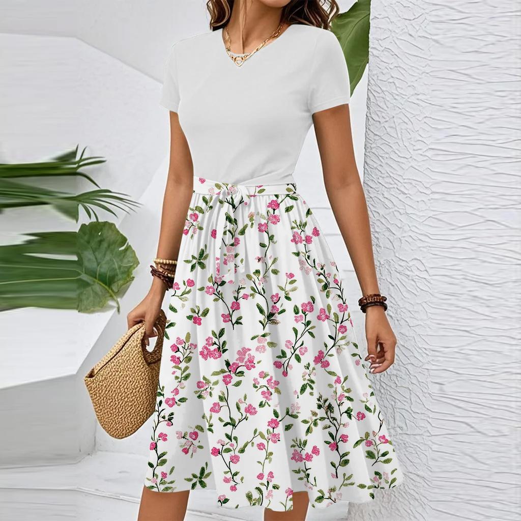 Women's Casual Fashion Belted Floral Print Short Sleeve Round Neck Elegant Dress