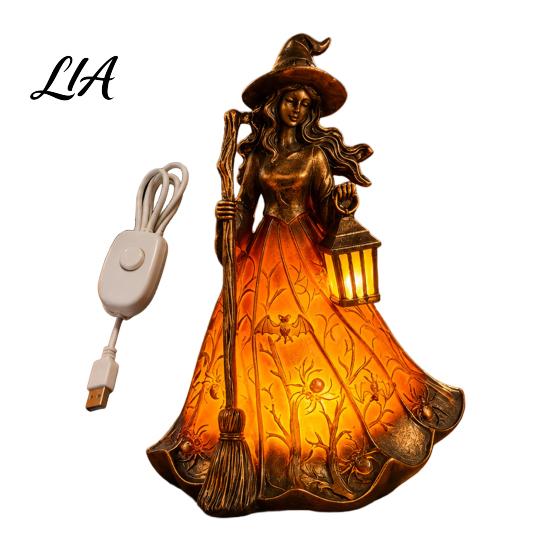 Witch Wizard Hat Lantern Halloween Tabletop Lamp, Gothic Night Light with Broom & Lantern, Unique Interior Accents USB Powered Spooky Ambient