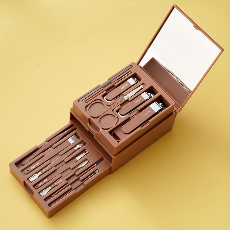 New Multifunctional Makeup Drawer Mirror Design 13pcs Classic Stainless Steel Nail Care Set with Concave Blade, Unscented Fingernail Clippers and File