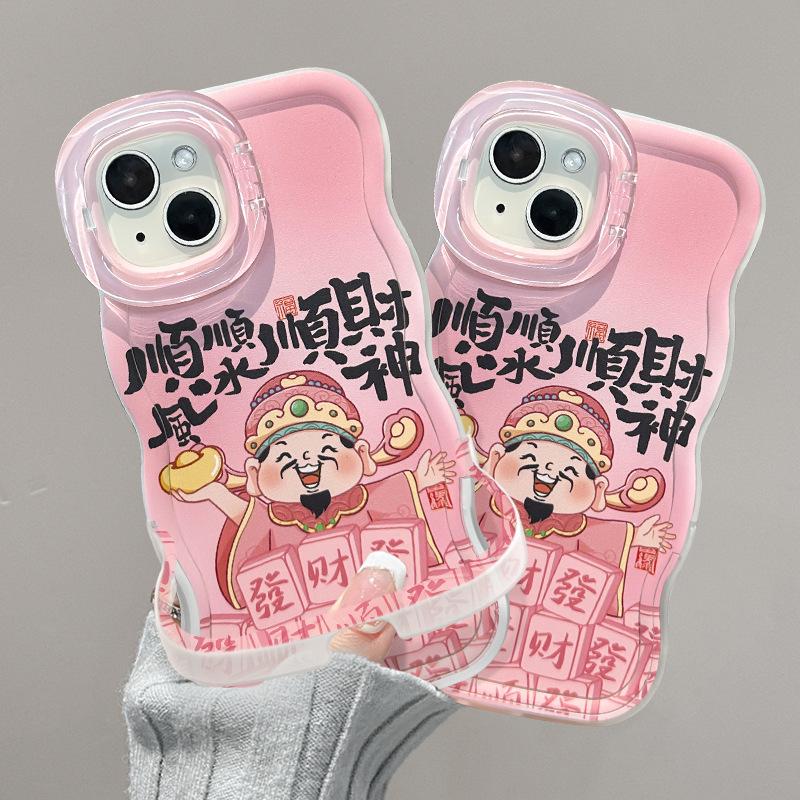 Розовый Бог Богатства Подходит для iPhone16 Чехол для iPhone 15 Двойной кронштейн Promax 14 Силиконовый 13 Китайский стиль 12
