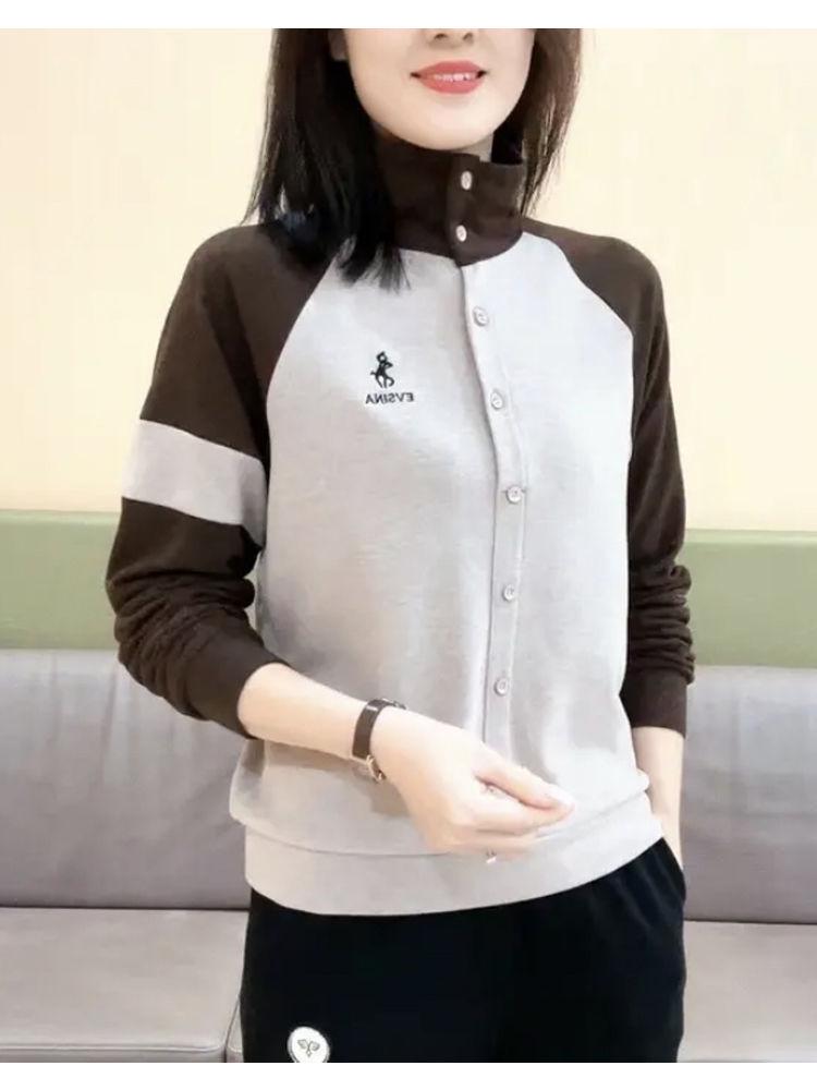 Свободный свитшот пэчворк в стиле колор-блок с отложным воротником большого размера для мам