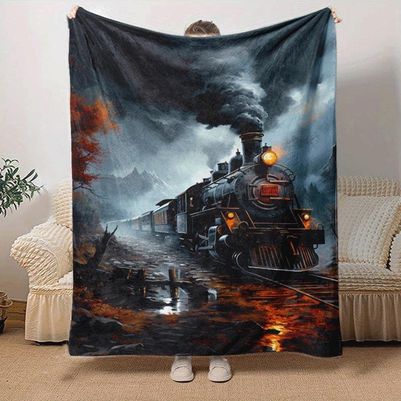 1pc Train Printing Lightweight Flannel Blanket, Comfortable and Warm Blanket, for Camping Sofa Bed and Couch Office, Suitable for Gift Blanke