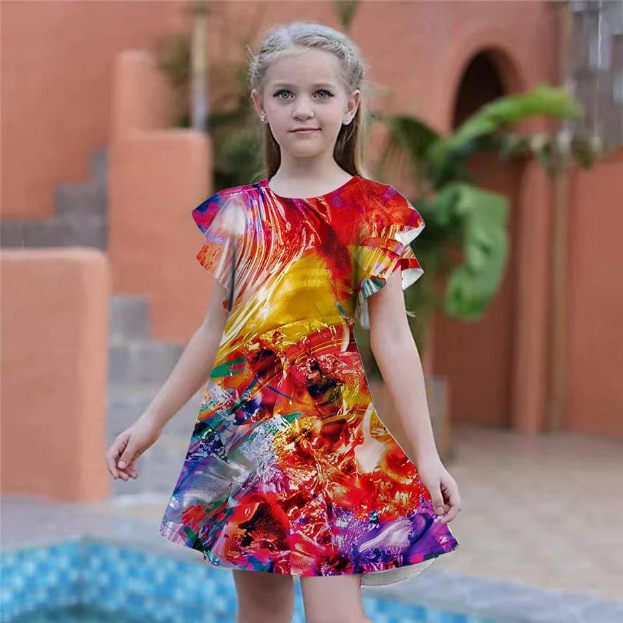 Girls Multi-colored Ice Cubes Print Dresses Kids Girl Party Dress Loose Fitting Loose Fitting Short Sleeved Skirt For Girls Over Four Years Old