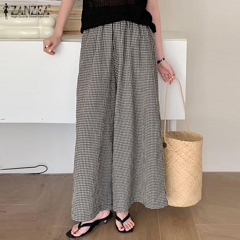 ZANZEA Summer Casual Elastic Waist Loose Wide Leg Plaid Print Pant For Women