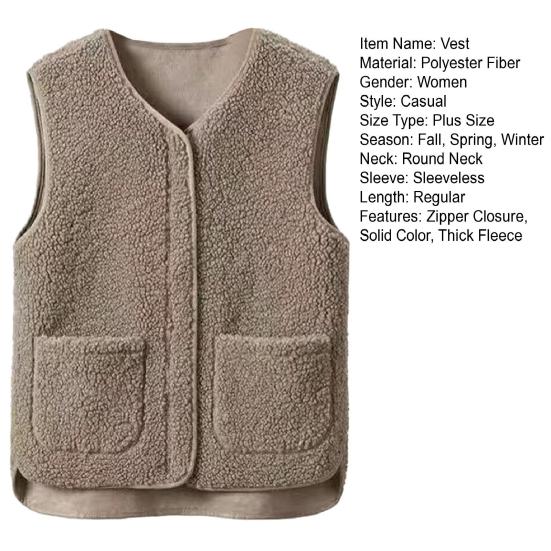 Женский жилет осень-весна с круглым вырезом, толстый флис, карманы, однотонный, без рукавов, застежка-молния, ретро, теплый, для офиса, улицы, дома, отпуска, многослойный жилет