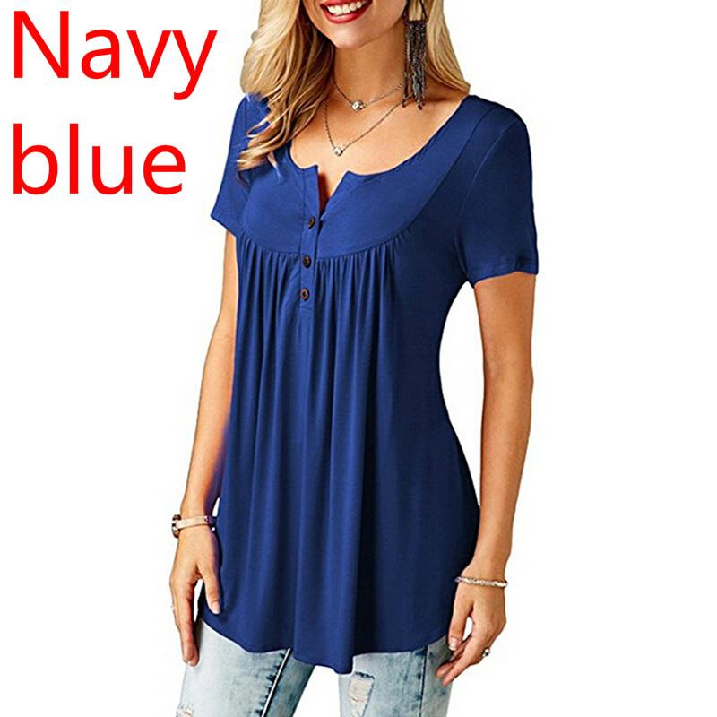 Womens O Neck Button Loose Elastic Tops Ladies Short Sleeve Tunic Shirts Female Casual Blouses