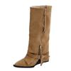 Vintage Wedge Heel Tall Boots Fall Winter New Pointed Toe Suede Side Zip Belt Buckle Soft Sole Single Shoes