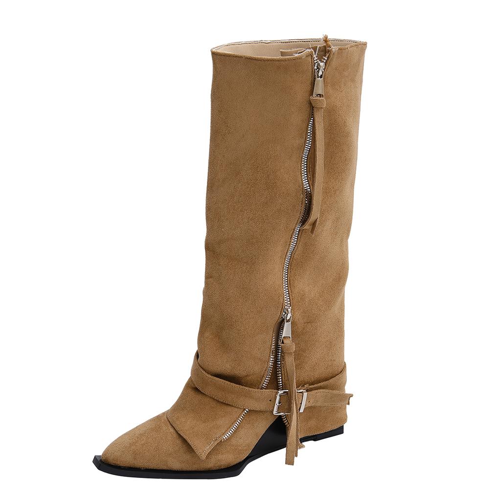 Vintage Wedge Heel Tall Boots Fall Winter New Pointed Toe Suede Side Zip Belt Buckle Soft Sole Single Shoes