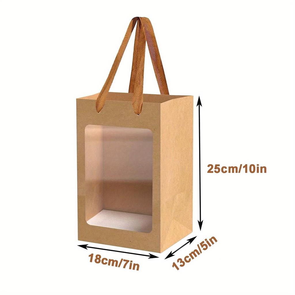 12 шт. подарочных пакетов из коричневой бумаги с прозрачным окошком 10x7x5 дюймов крафт-пакеты с ручками для подарков, фестивалей, вечеринок