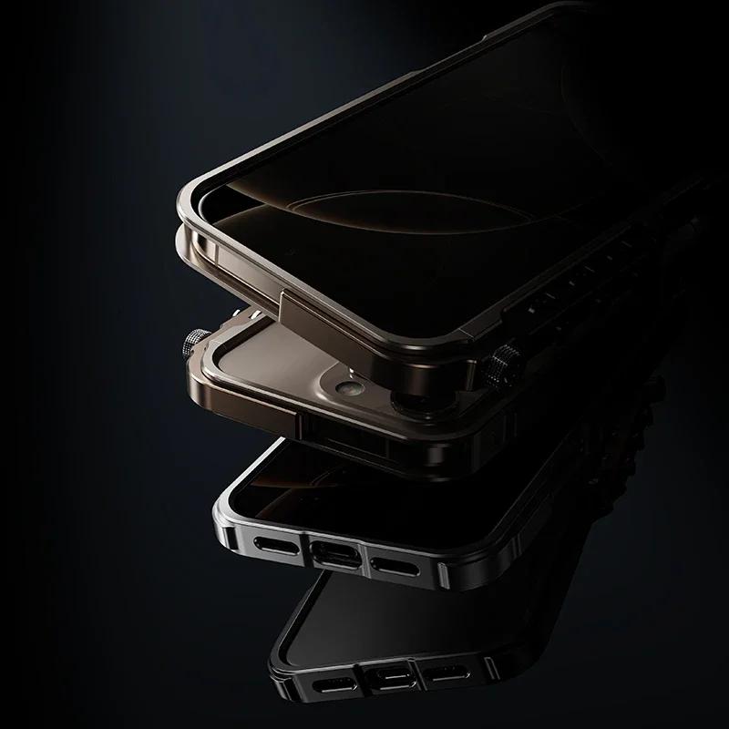 Luxury Mechanical Metal Bumper Armor Phone Case For iPhone 16 15 Pro Max 16Pro 15Pro Aluminum Alloy Removable Shockproof Cover