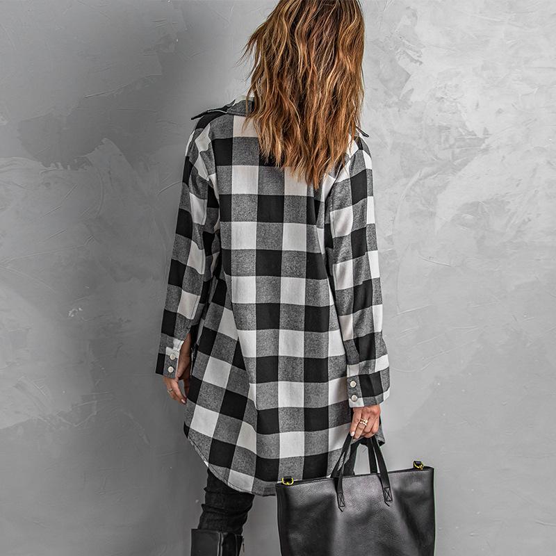 Клетчатая рубашка, пальто, женская куртка средней длины, осеннее пальто с длинными рукавами и карманами на пуговицах