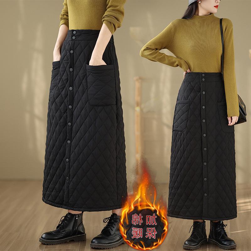 Женская юбка А-силуэта с завышенной талией, очень длинная, ветрозащитная, на пуху, из хлопка - Утепленная, на пуговицах, большого размера, зимний стиль