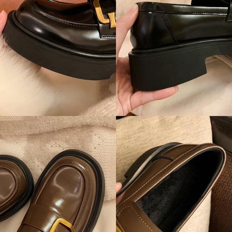 Женские кожаные мокасины Grape Mother Studiolee из благородного золота с квадратной круглой пряжкой и толстым каблуком в британском стиле на весну и осень.