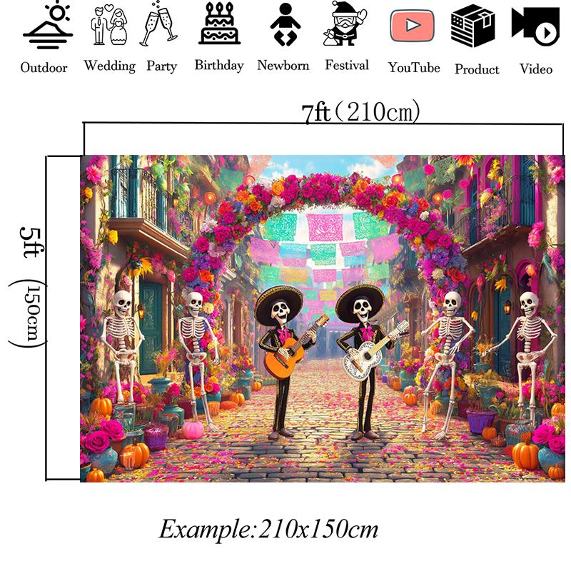 Mocsicka Day Of The Dead Photography Backdrop Colorful Mexican Street Skeleton Background Kid Floral Photo Banner Party Tapestry