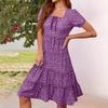 Womens Square Neck Tiered Summer Dresses Casual Floral Short Sleeved A-line Swing Flowy Dress Beach Boho Sundress