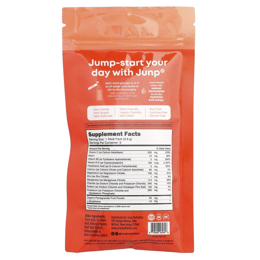 JUNP Hydration Electrolyte Powder Mix, Peach, 5 Stick Packs, 3.9g (0.14oz) Each