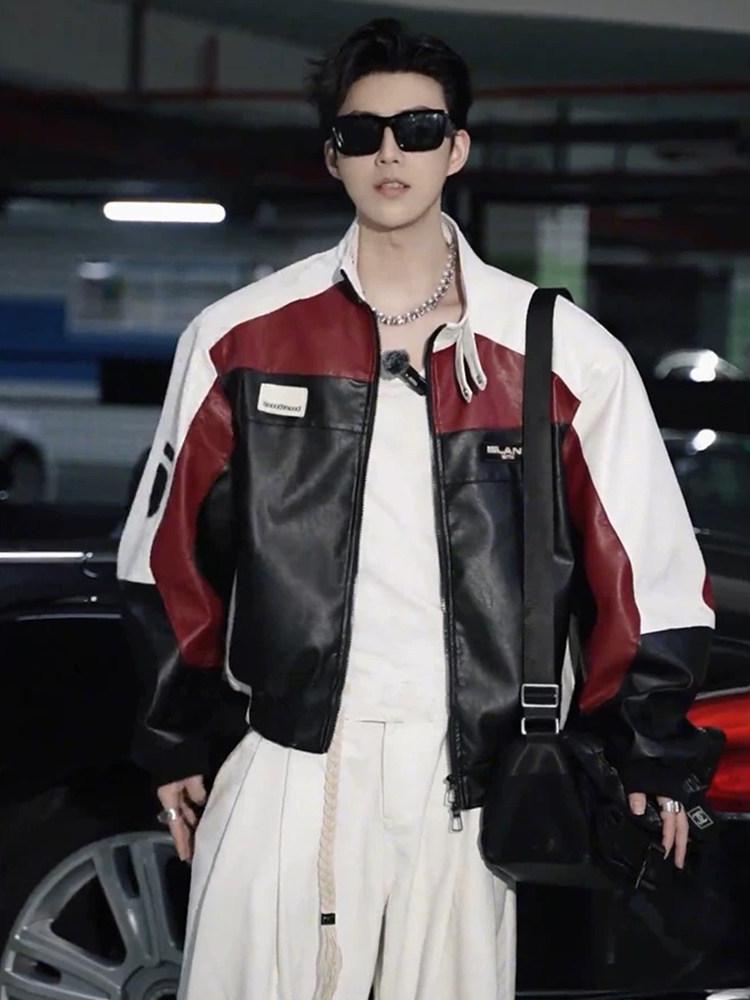 Стильная мужская красная кожаная мотоциклетная куртка в стиле пэчворк - Весна/Осень Ретро Дизайн для Пар