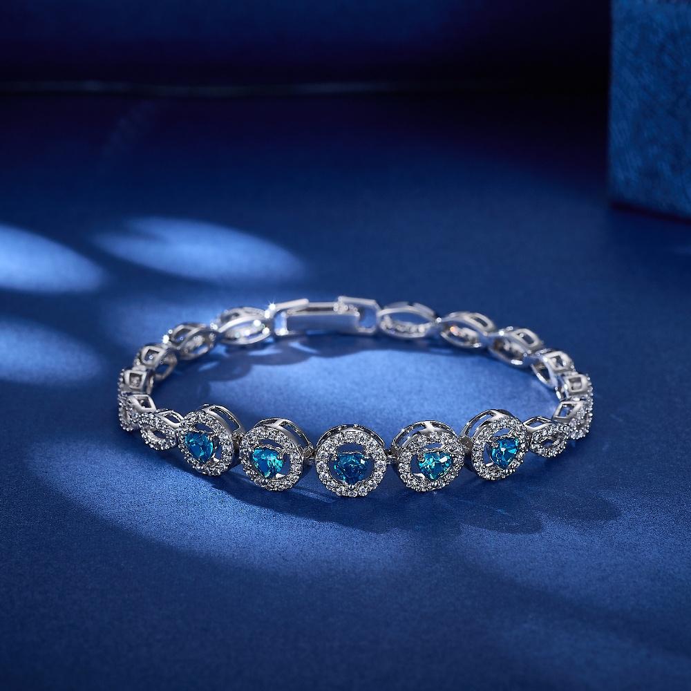 Hollow Blue Heart Zircon White Round Cubic Zirconia Rhodium Plated Women Hand Bracelets