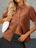 Women's Puff Short Sleeve Button Down Shirt Collared V Neck Linen Work Blouse
