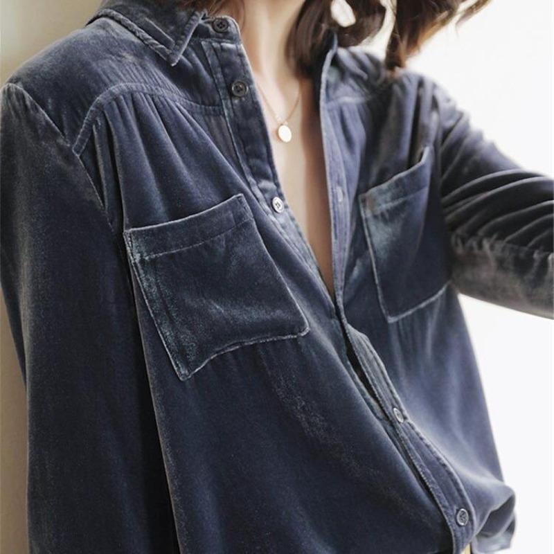 Рубашка из бархата с золотой подкладкой, женская, с длинными рукавами, темперамент, универсальный топ, модная, свободная, базовая, трендовая