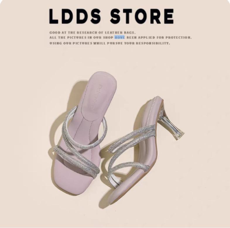 В наличии~ Прозрачные хрустальные тапочки на толстом каблуке для женщин, новые летние квадратные сандалии со стразами 2025