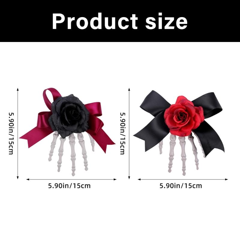 1pc Haunted Style Skeleton Hand Hair Clip Contrast Rose Bows Practical Plastic For Themed Dressing Up Event