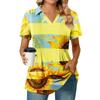 Women's Pleated V-neck Short Sleeved Sunflower Print T-shirt Business Casual Shirt