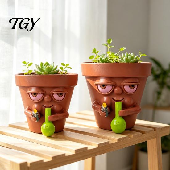 Flower Pot Funny Face Planter Pot, Quirky Resin Head Flowerpot, Small Cactus Durable Garden Plant Container with Drainage for Indoor Outdoor