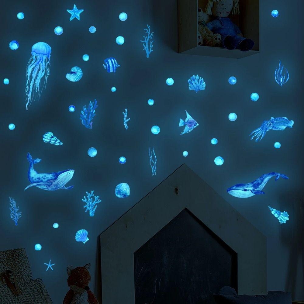 Children's Room Blue Jellyfish Nightlight Decal Sea Animal Wallpaper Glow Stickers Luminous Sticker