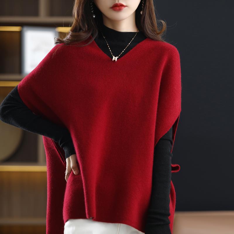 Autumn Winter Women's Knitted Vest V-neck Bat Sleeves Loose Sleeveless Sweater Knitted Vest