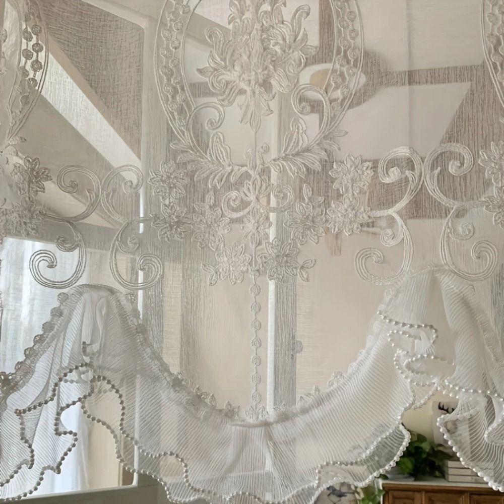 Вышитая кружевная короткая прозрачная штора с оборками, цветочная короткая тюлевая драпировка, кухня