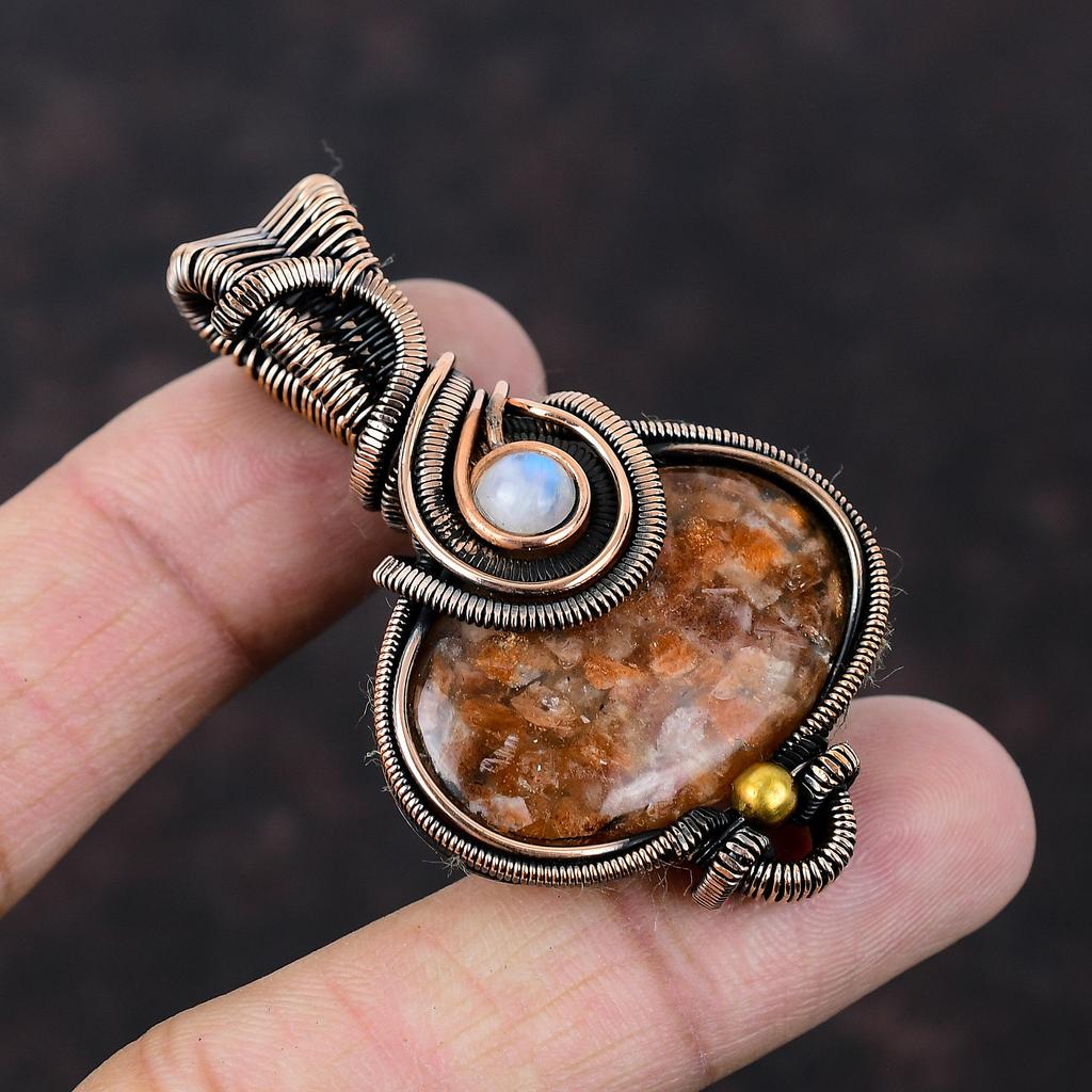 Подвеска из драгоценного камня Sunstone, подвеска из медной проволоки, подвеска из радужного лунного камня, ручная работа, медные украшения, подарок для женщин, ювелирные изделия из проволоки