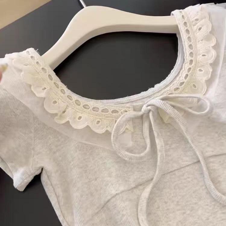 Японская лоскутная футболка с коротким рукавом на завязках - Женский приталенный укороченный топ для миниатюрных