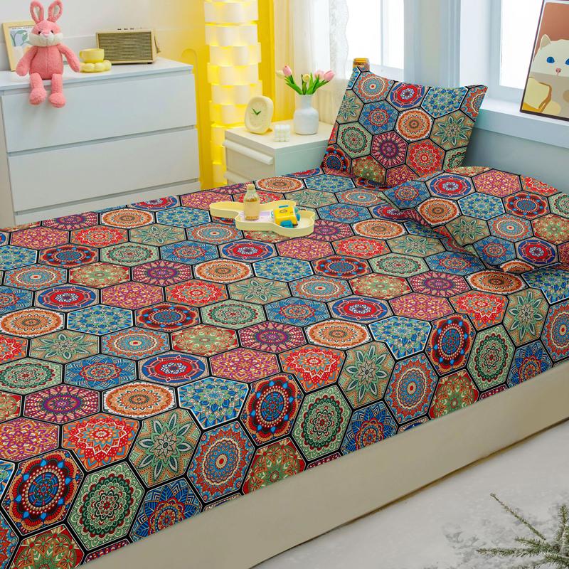 Simple 3-Piece Modern Bohemia Pattern Matte Three Piece Fitted Sheet Set, Bedroom Printed Bed Cover Set, Bedding