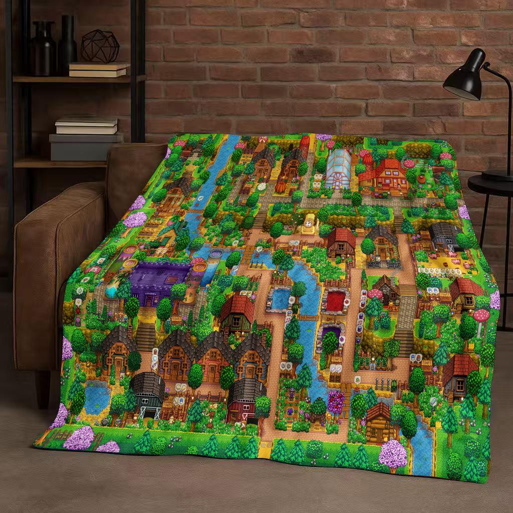 Retro Stardew Valley Farm Map Pixel Game Flannel Blanket,Ultra Soft Warm Plush Throw for Home Bedroom Bed Sofa Cover Kids Gift