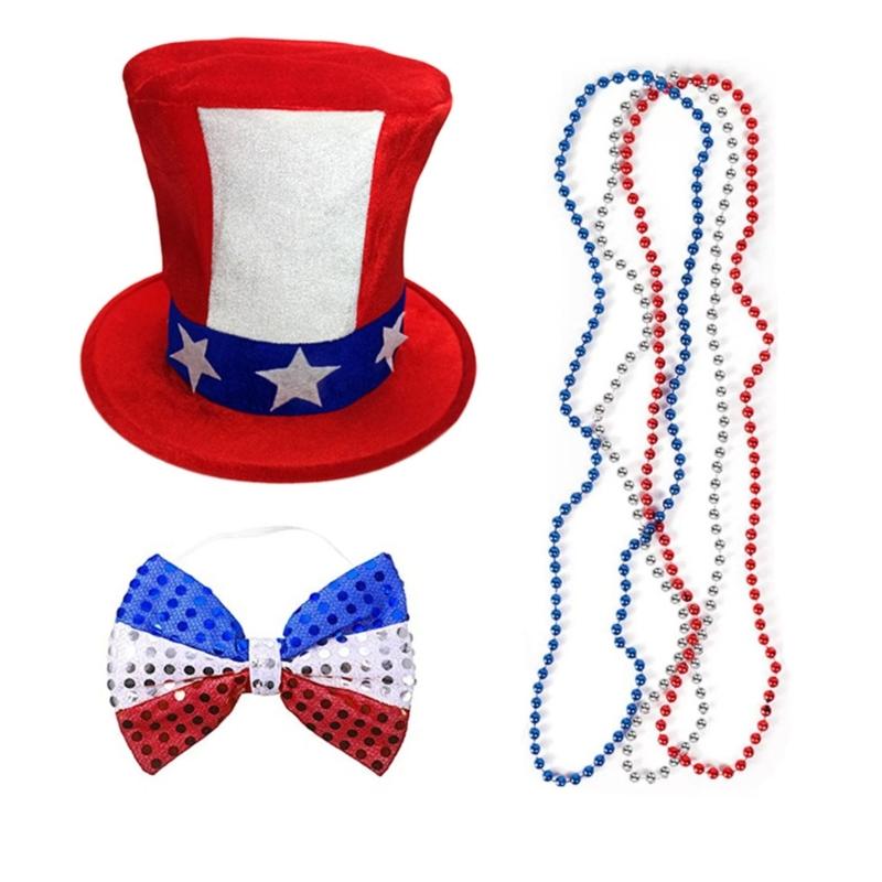 Independance Day Costume Uncle-Sam Accessories Top Hat Sequins Hat Headband Necklaces Stockings for Women & Men