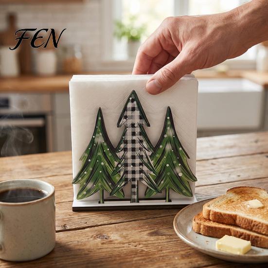 Wooden Napkin Dispenser for Kitchen Christmas Theme Holder, Decorative Holiday Paper Towel Stand, Home Table Decor HD UV Printing Organizer
