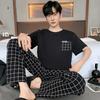 Summer Soft Cotton Pajamas Set for Men Fashion O-neck Pyjamas Short Sleeved Plaid Pants Home Suit