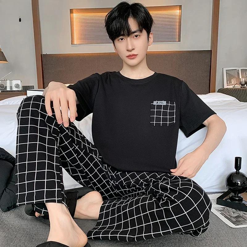 Summer Soft Cotton Pajamas Set for Men Fashion O-neck Pyjamas Short Sleeved Plaid Pants Home Suit