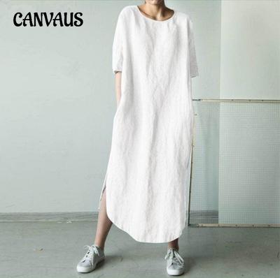 Летнее женское платье размера плюс с круглым вырезом и половиной рукава, сплошной цвет, платья до середины икры с разрезом по бокам