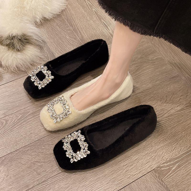 Мягкие водные туфли с квадратной головкой и ромбовидной головкой из бархата Bean Single Shoes 2024 года, новые модные шерстяные кожаные туфли для женщин, осень/зима