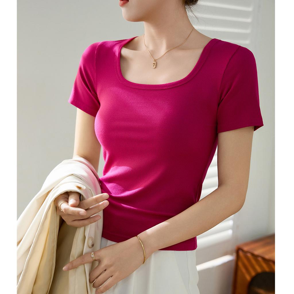Cotton Summer New Versatile T-shirt Women's Short-sleeved Top Square Neck Bottoming Shirt