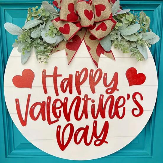 Знак на дверь ко Дню святого Валентина, деревянный знак на дверь с надписью «С Днем святого Валентина», подвесной декоративный знак на входную дверь с венком, бантом в виде сердечек для дома, стены, крыльца