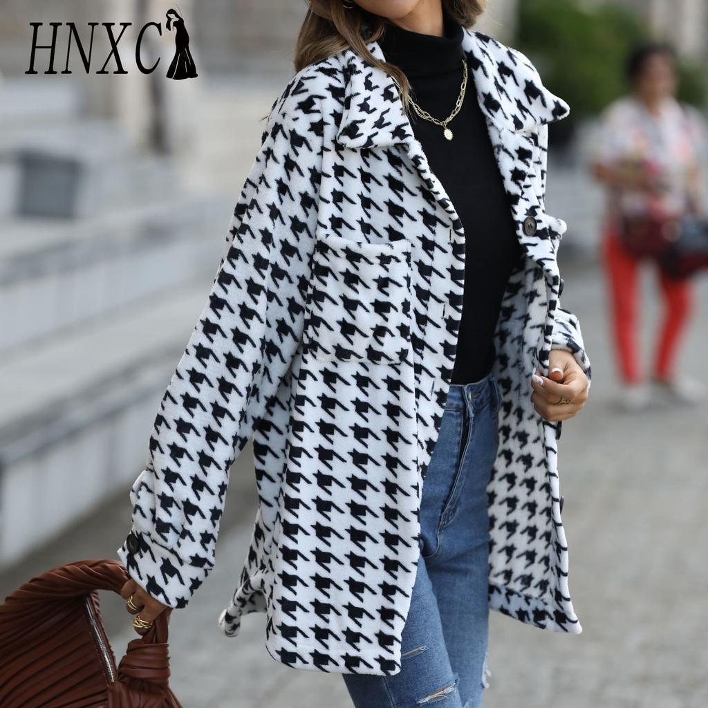 HNXC Autumn Plush Women's Wear Loose Checkered Mid-length Flannel Suit Collar Jacket